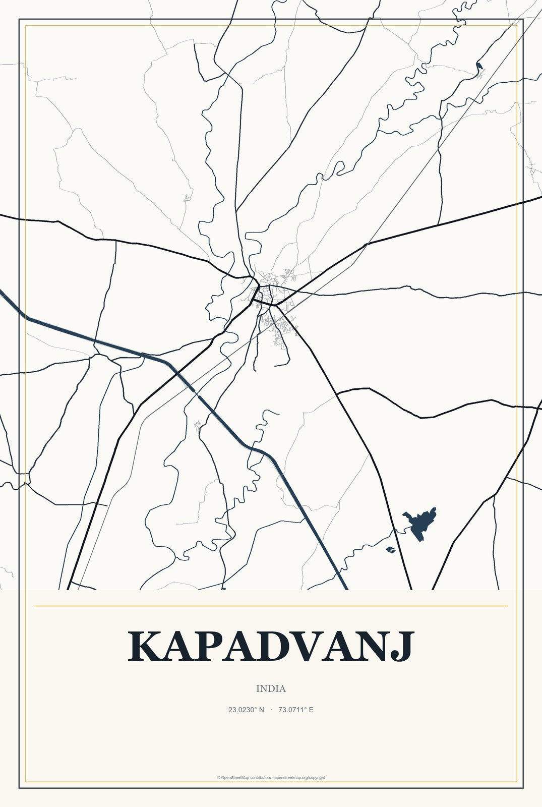 Kapadvanj, India City Map Aluminum Sign in Citrine Modern style