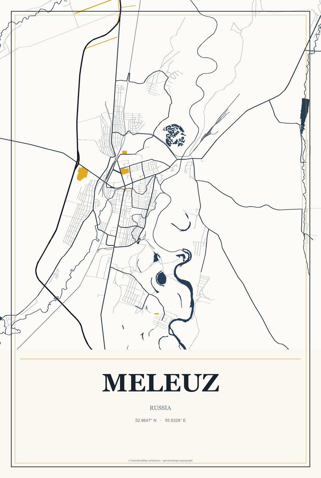 Meleuz, Russia City Map Aluminum Sign in Citrine Modern style