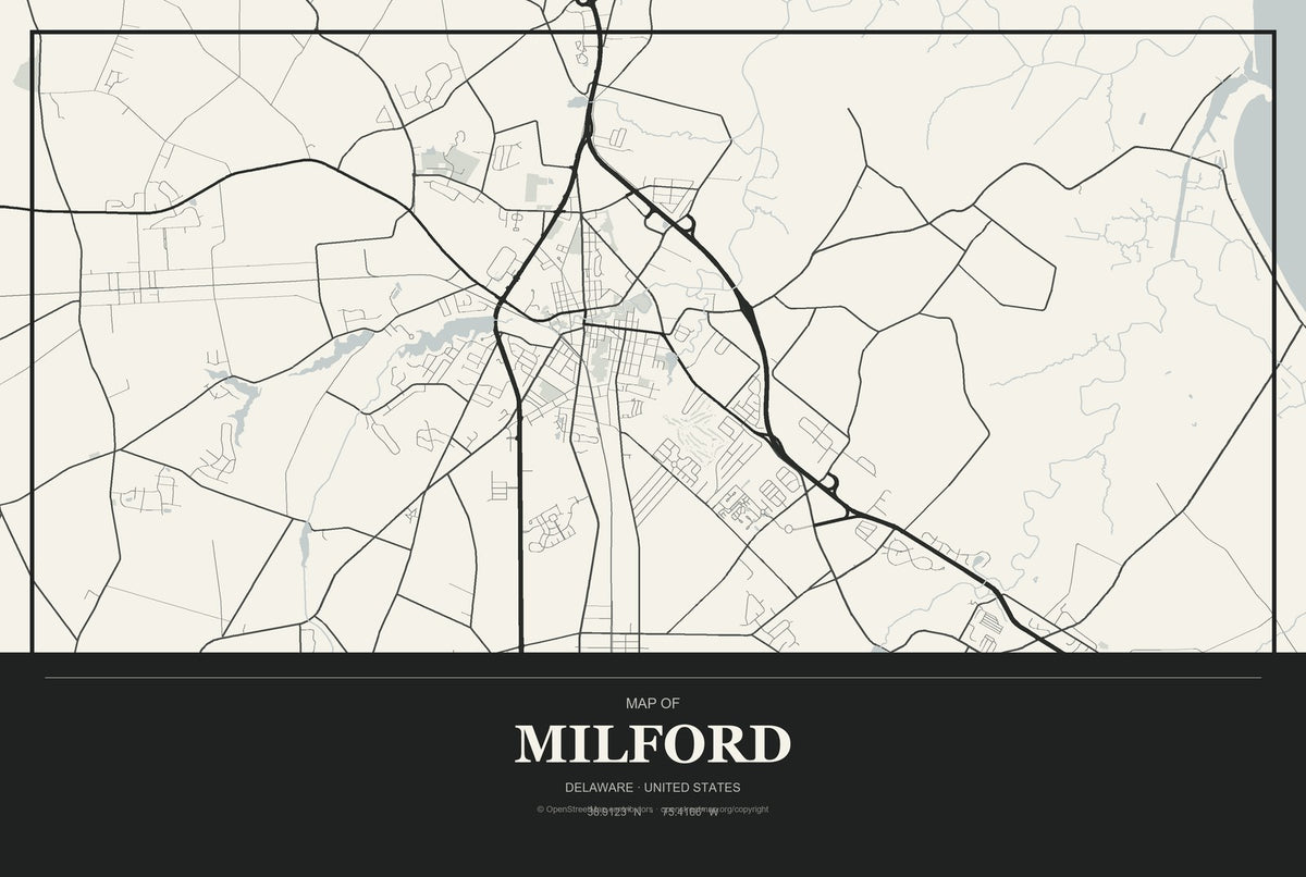 Milford, Delaware City Map Aluminum Sign in Museum Plaque style
