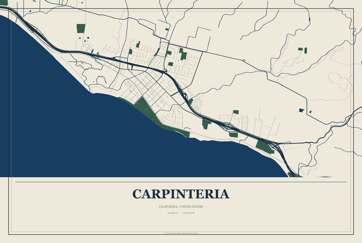 Carpinteria, California City Map Aluminum Sign in Coastal Cutout style