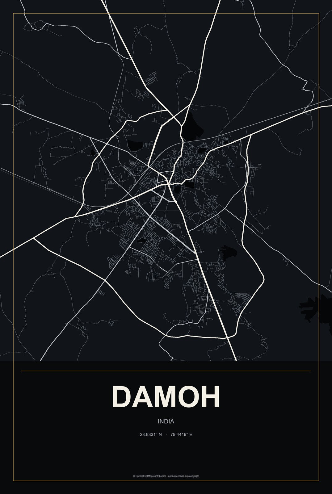 Damoh, India City Map Aluminum Sign in Metropolitan Noir style