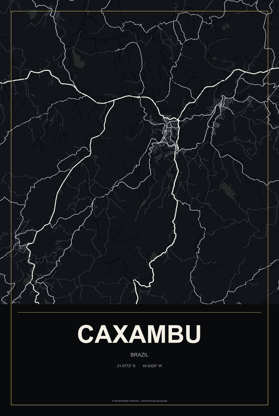 Caxambu, Brazil City Map Aluminum Sign in Metropolitan Noir style