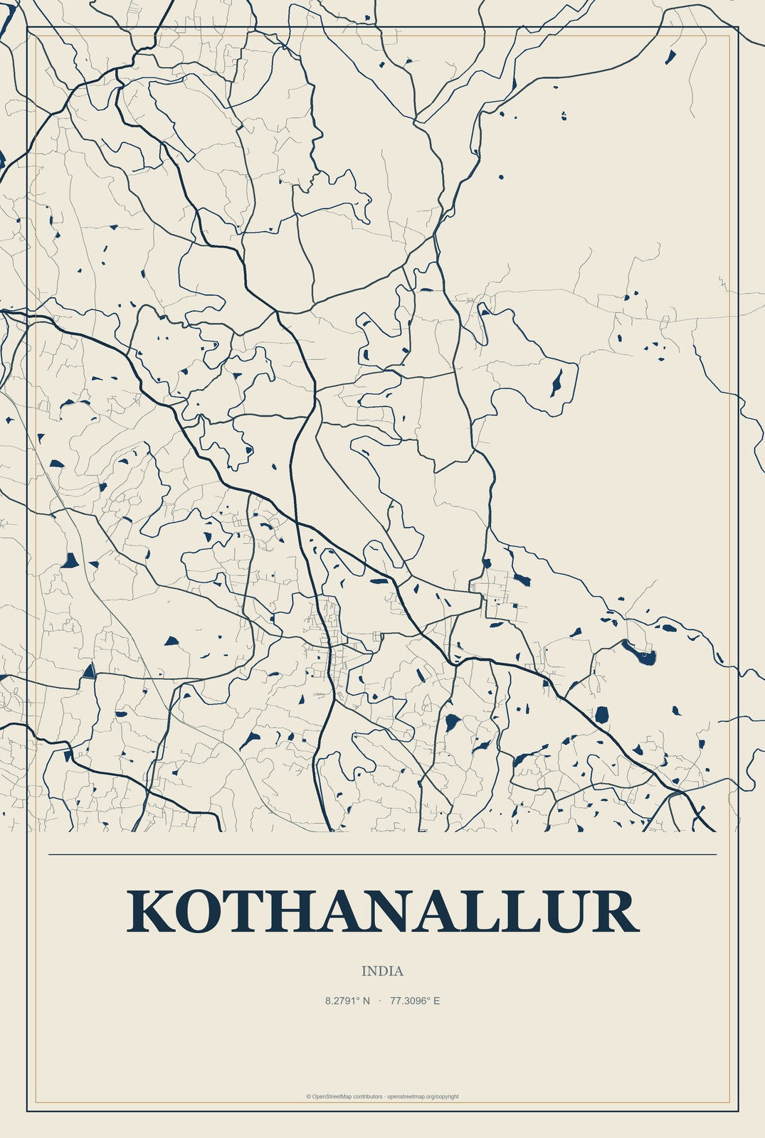 Kothanallur, India City Map Aluminum Sign in Coastal Cutout style