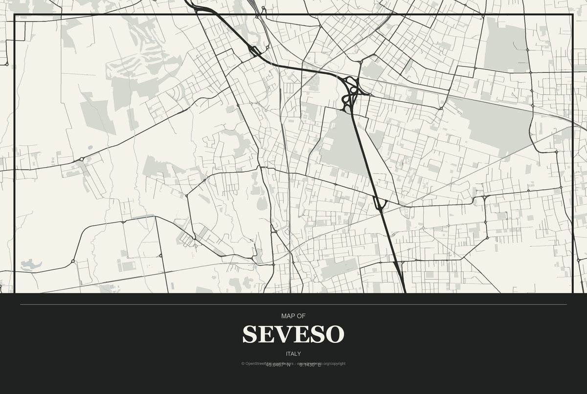 Seveso, Italy City Map Aluminum Sign in Museum Plaque style