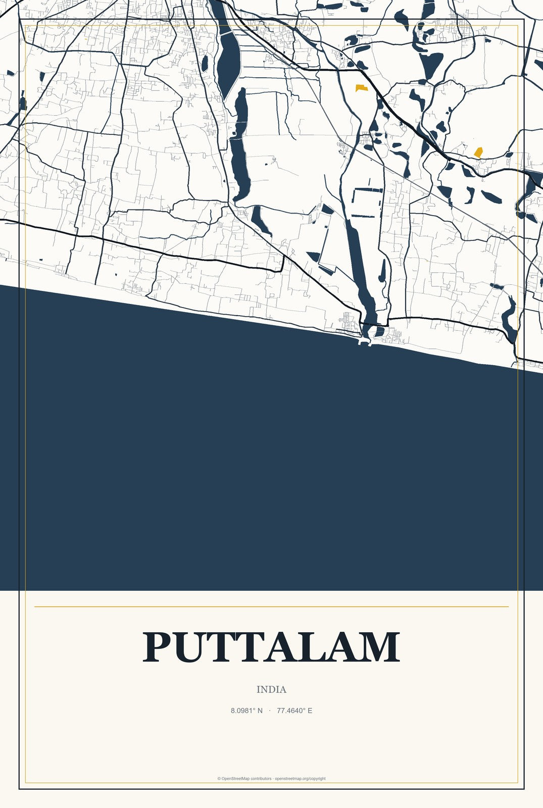 Puttalam, India City Map Aluminum Sign in Citrine Modern style