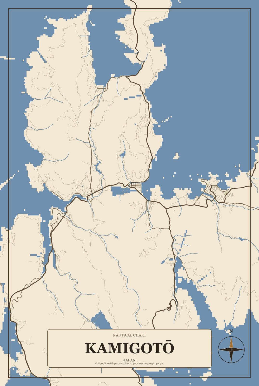 Kamigotō, Japan City Map Aluminum Sign in Heritage Nautical style