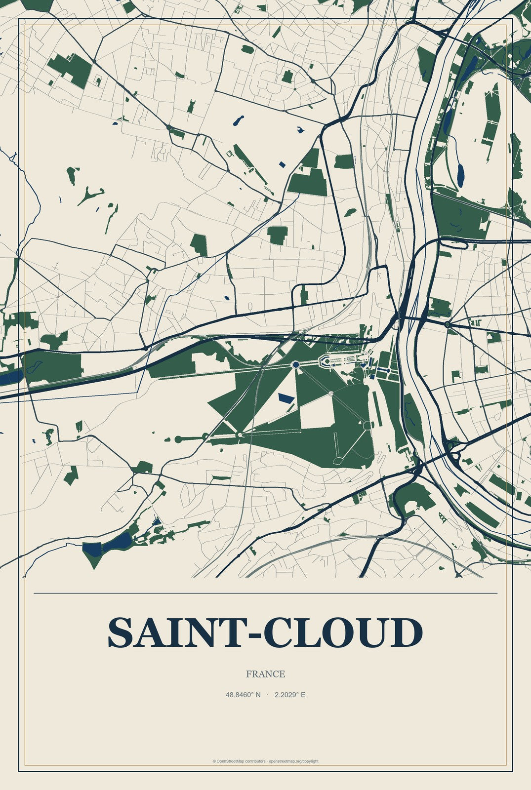 Saint-Cloud, France City Map Aluminum Sign in Coastal Cutout style