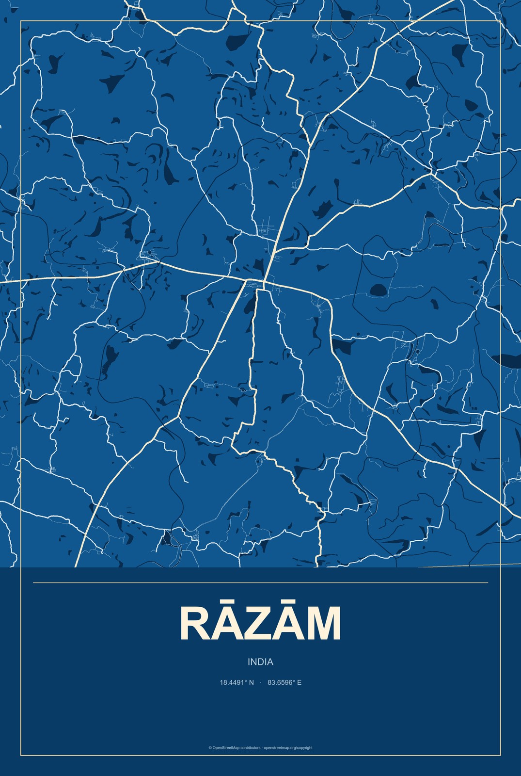 Rāzām, India City Map Aluminum Sign in Harbor Cobalt style
