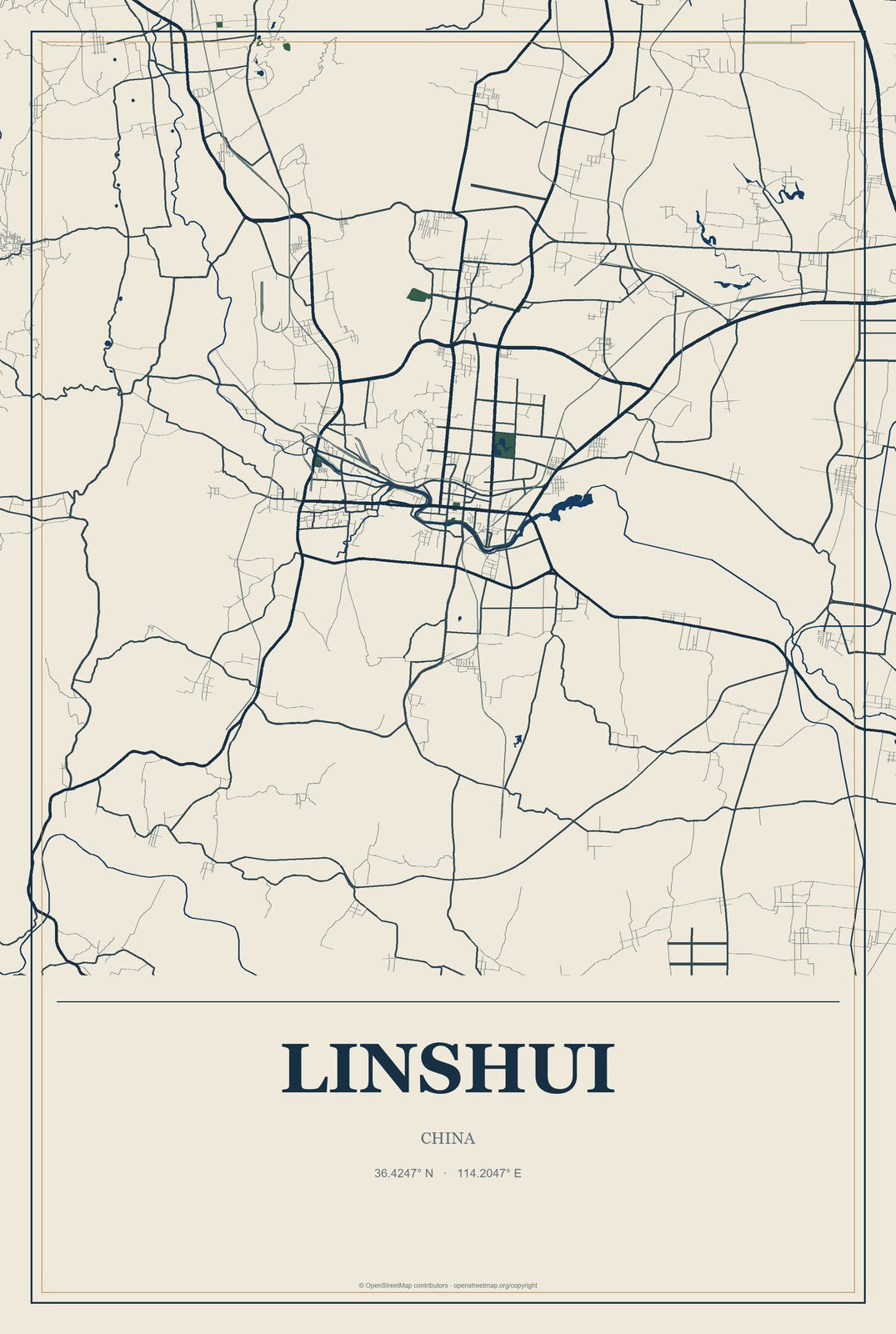 Linshui, China City Map Aluminum Sign in Coastal Cutout style