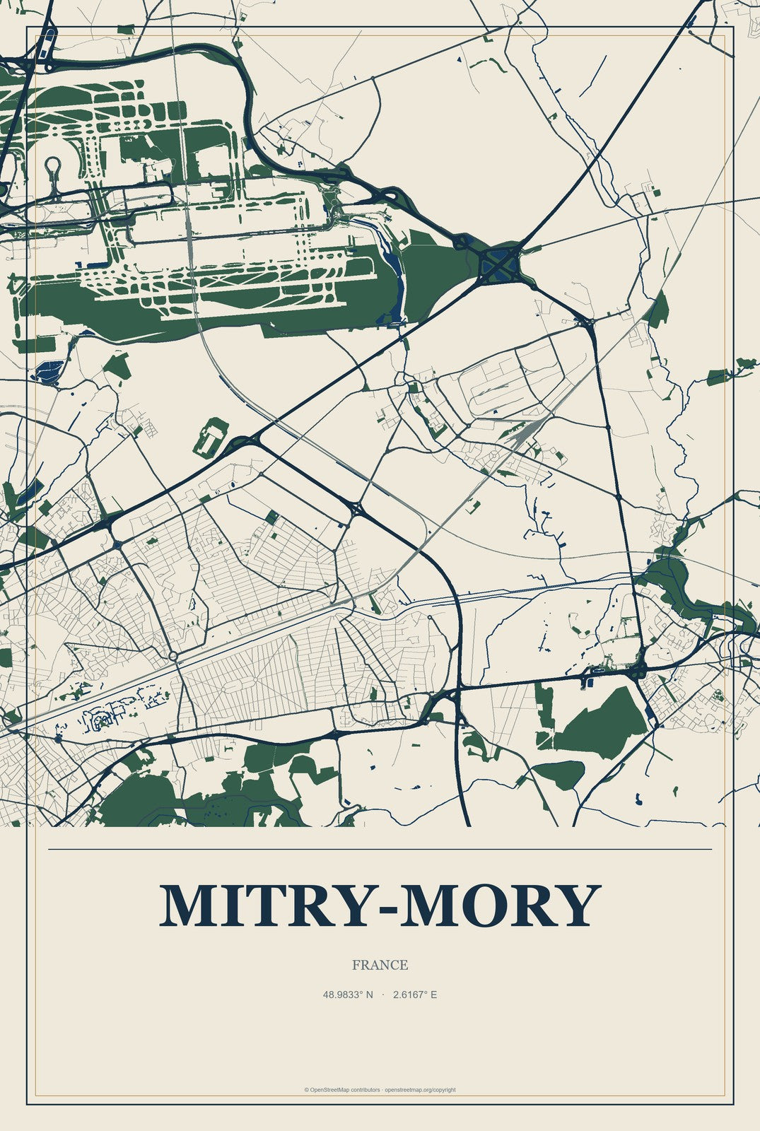 Mitry-Mory, France City Map Aluminum Sign in Coastal Cutout style