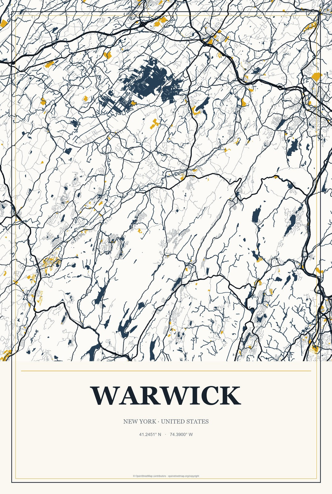Warwick, New York City Map Aluminum Sign in Citrine Modern style