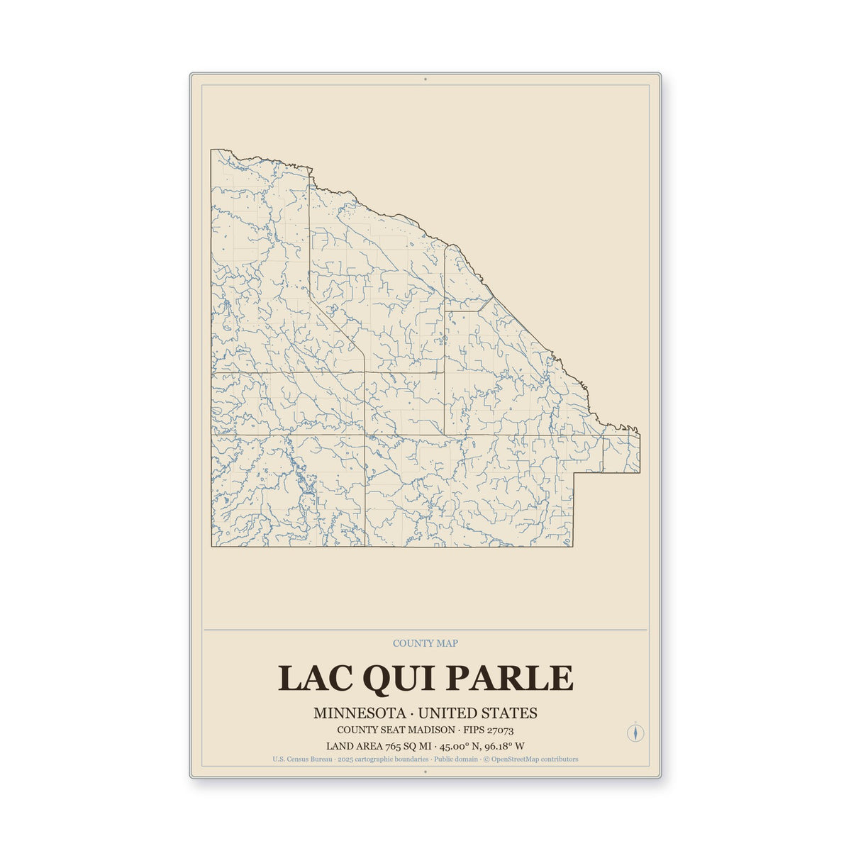 Lac qui Parle County, Minnesota Map Aluminum Sign in Heritage Nautical style