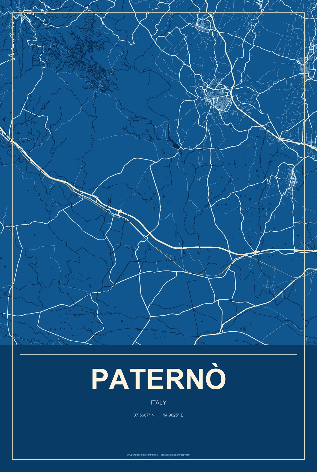 Paternò, Italy City Map Aluminum Sign in Harbor Cobalt style