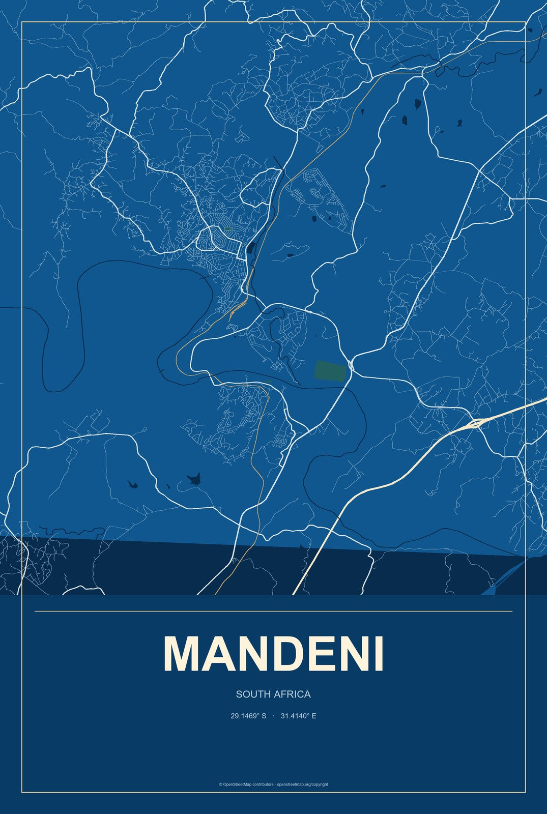 Mandeni, South Africa City Map Aluminum Sign in Harbor Cobalt style