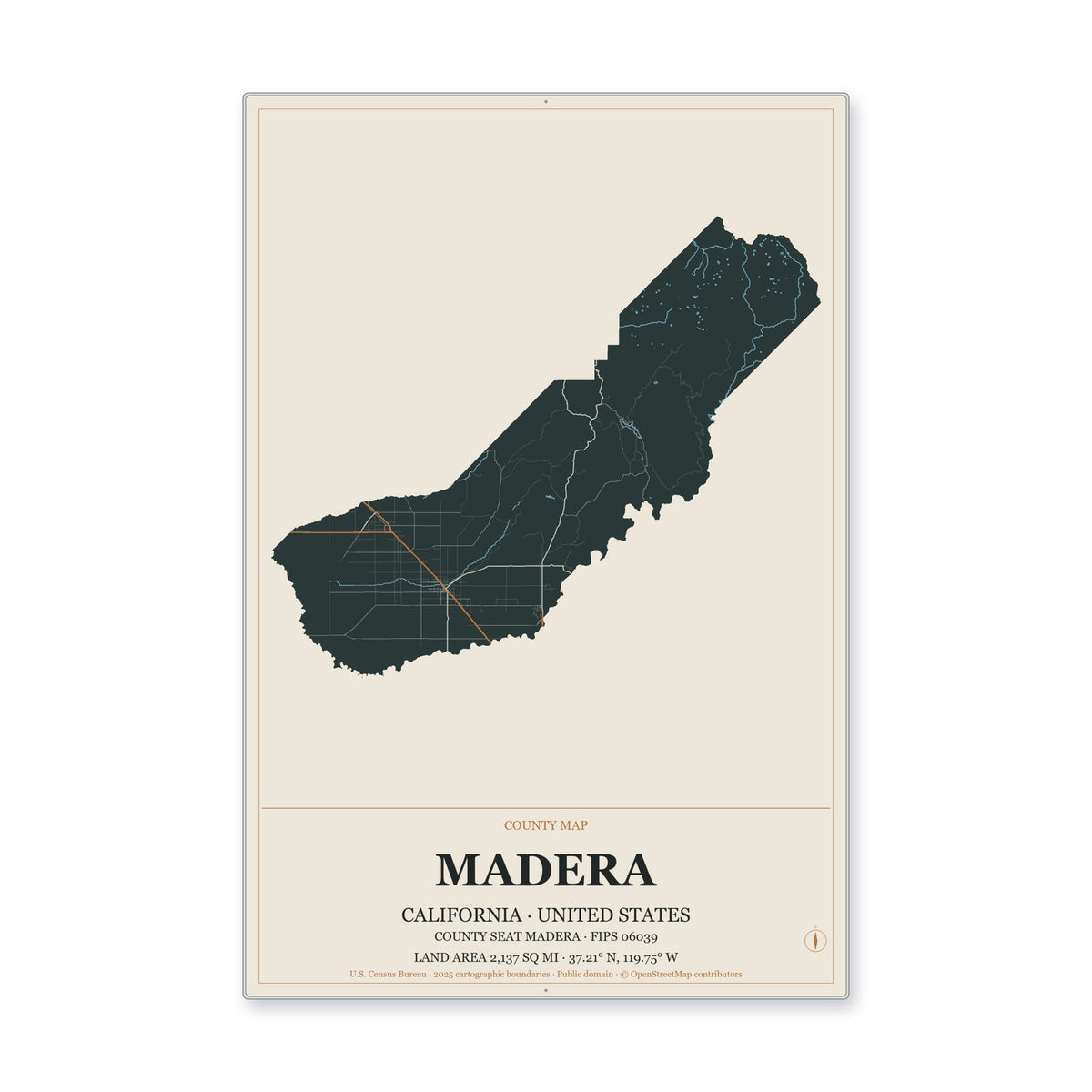 Madera County, California Map Aluminum Sign in Headline Atlas style