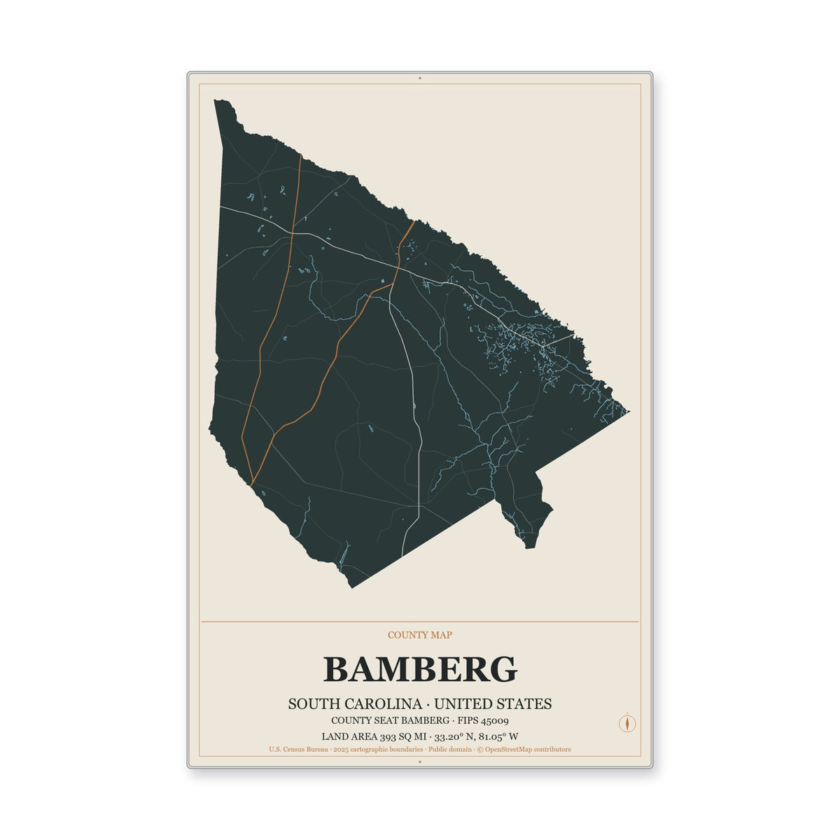 Bamberg County, South Carolina Map Aluminum Sign in Headline Atlas style