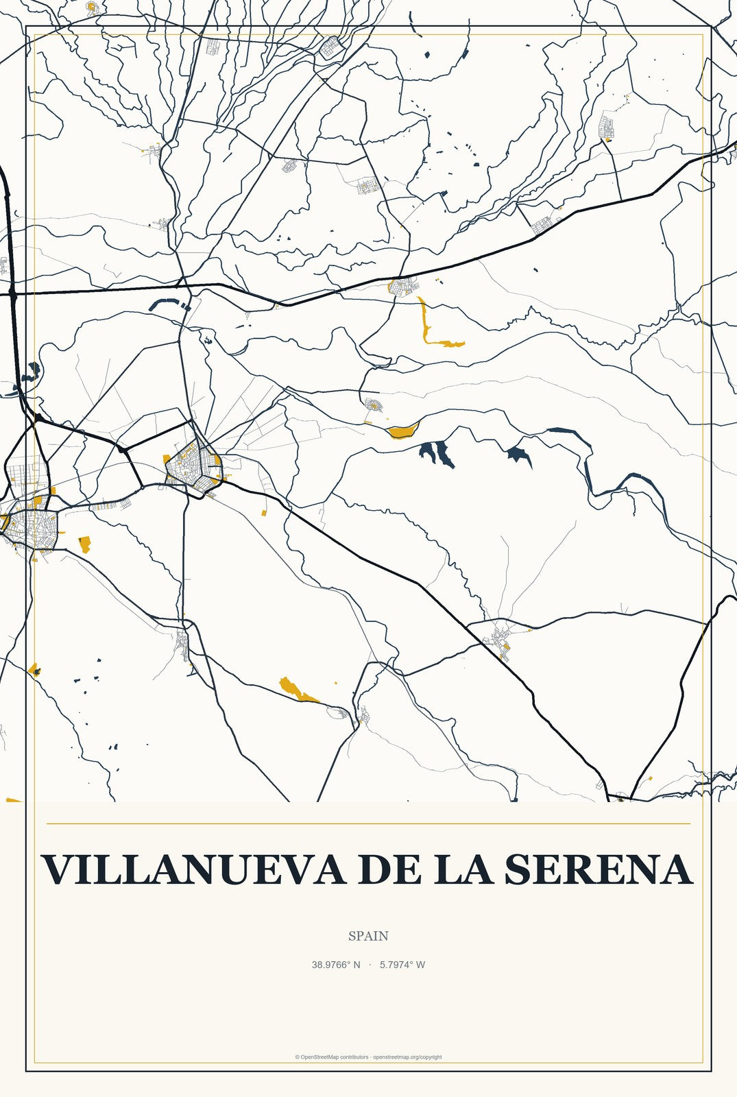 Villanueva de la Serena, Spain City Map Aluminum Sign in Citrine Modern style