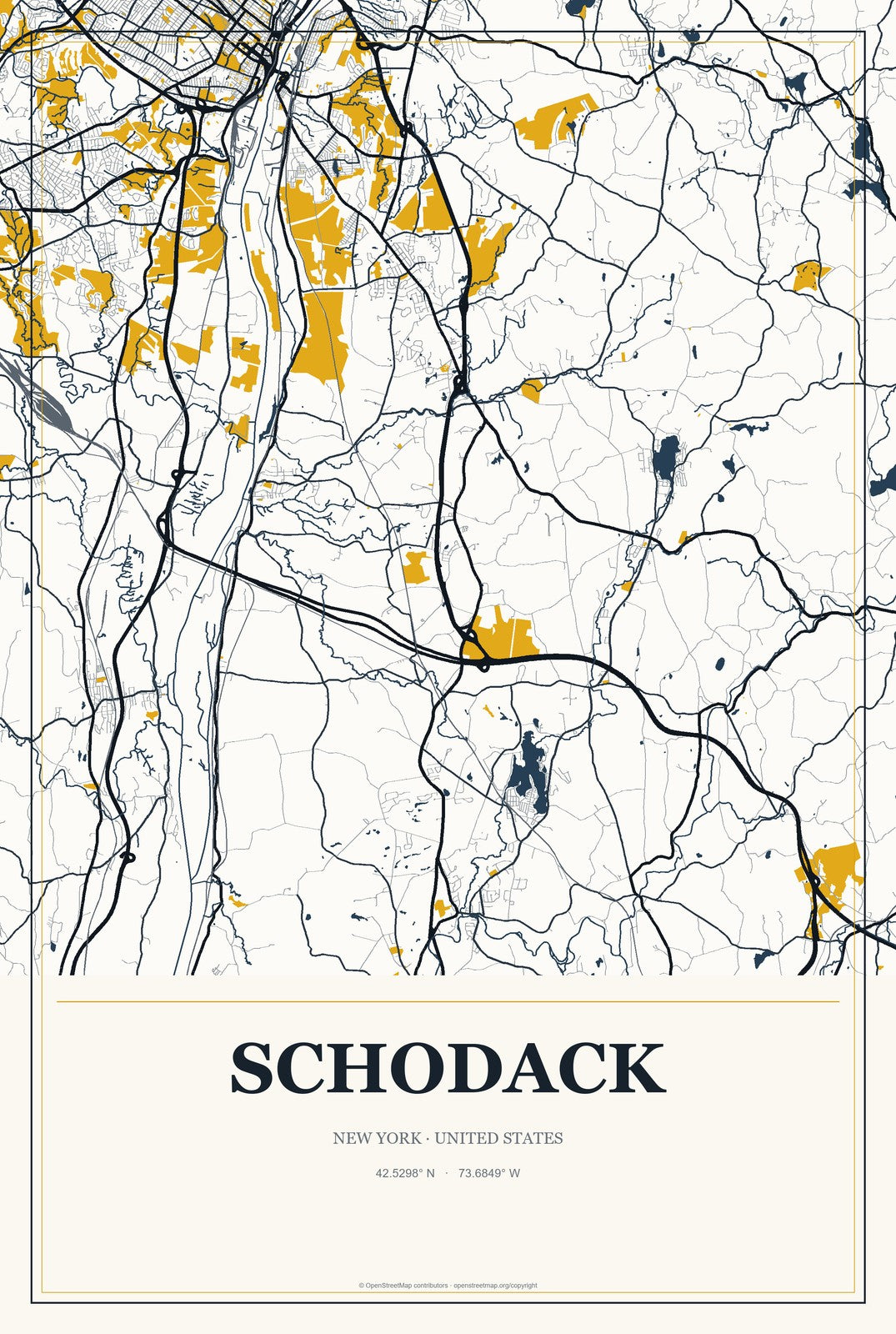 Schodack, New York City Map Aluminum Sign in Citrine Modern style