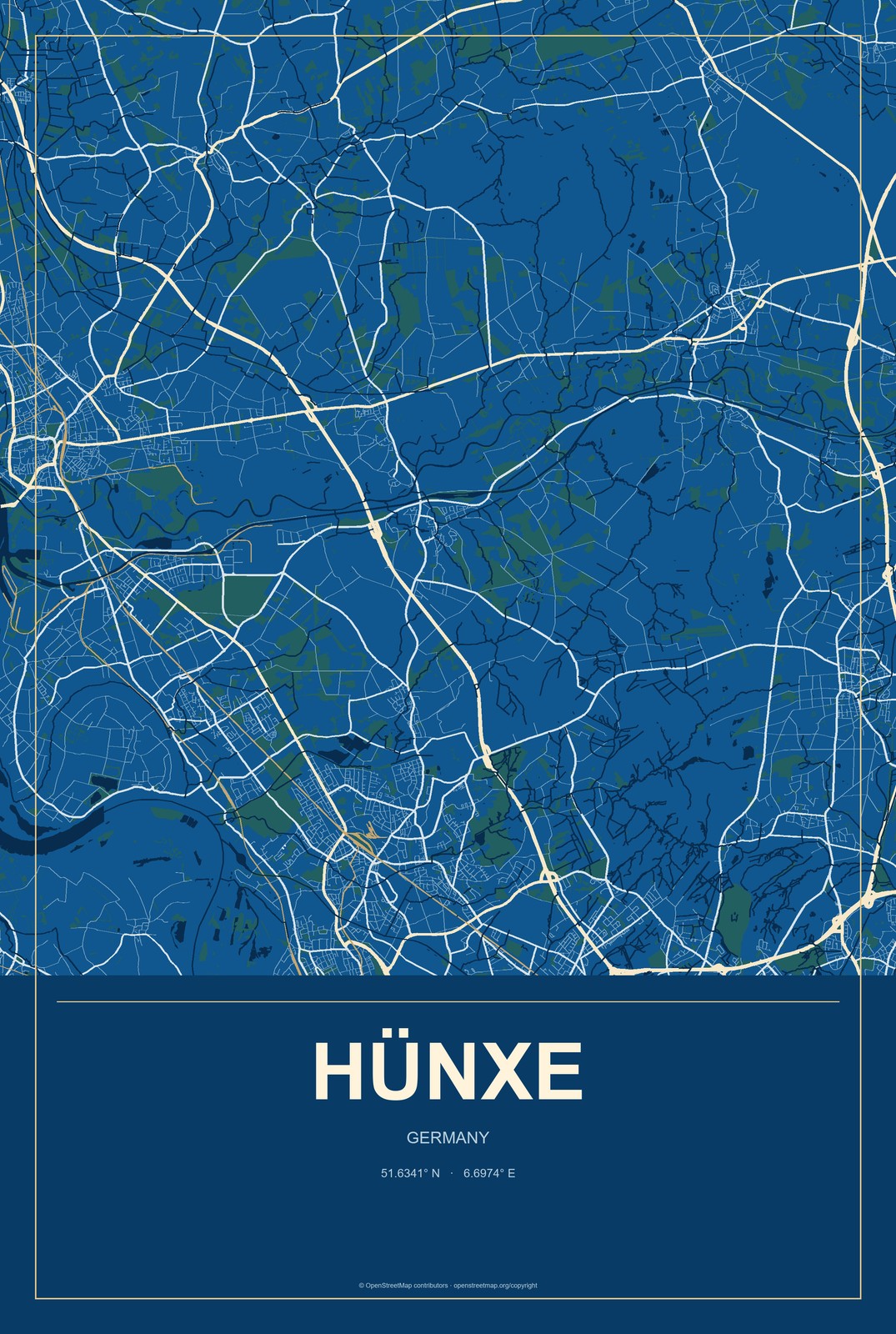 Hünxe, Germany City Map Aluminum Sign in Harbor Cobalt style