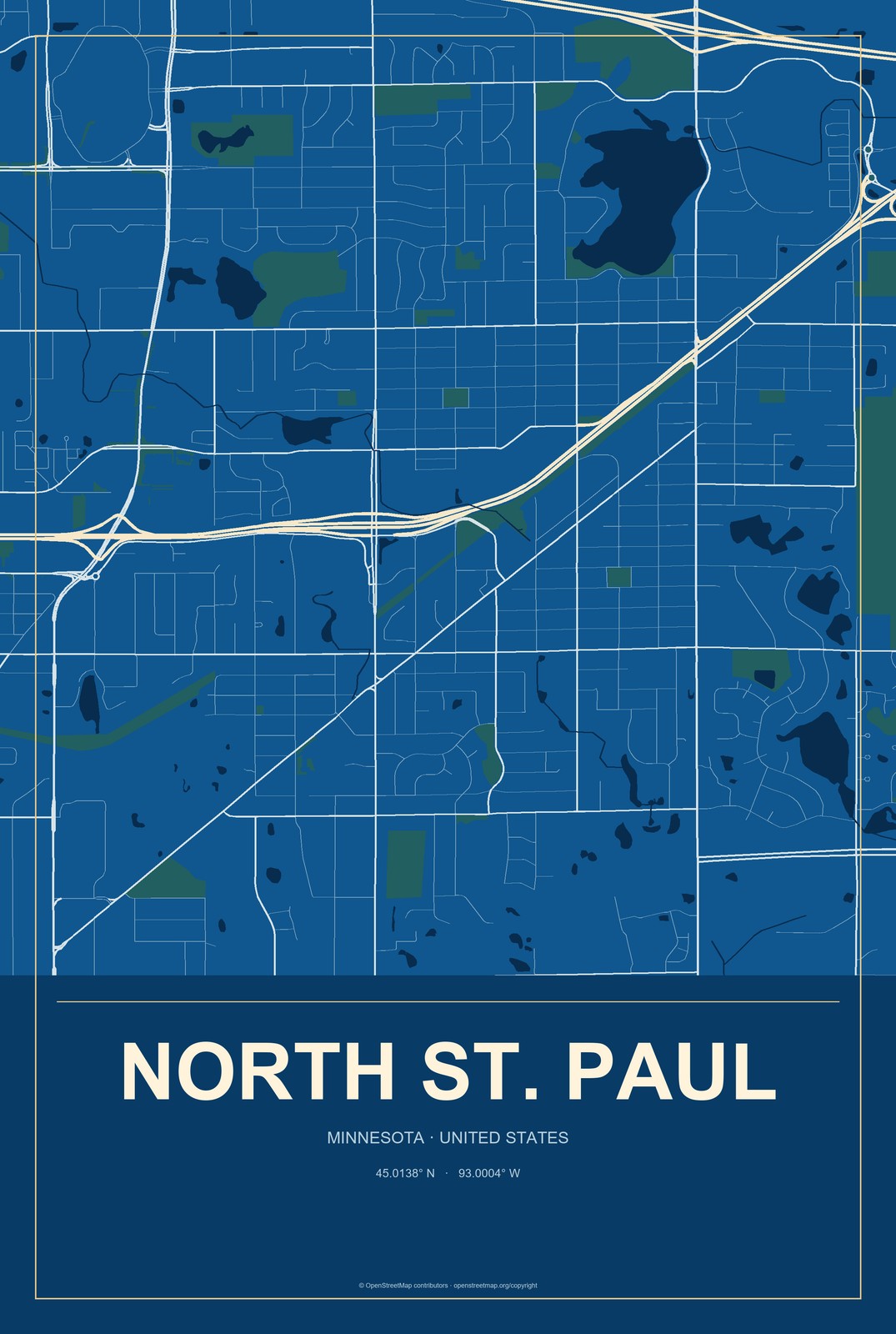 North St. Paul, Minnesota City Map Aluminum Sign in Harbor Cobalt style