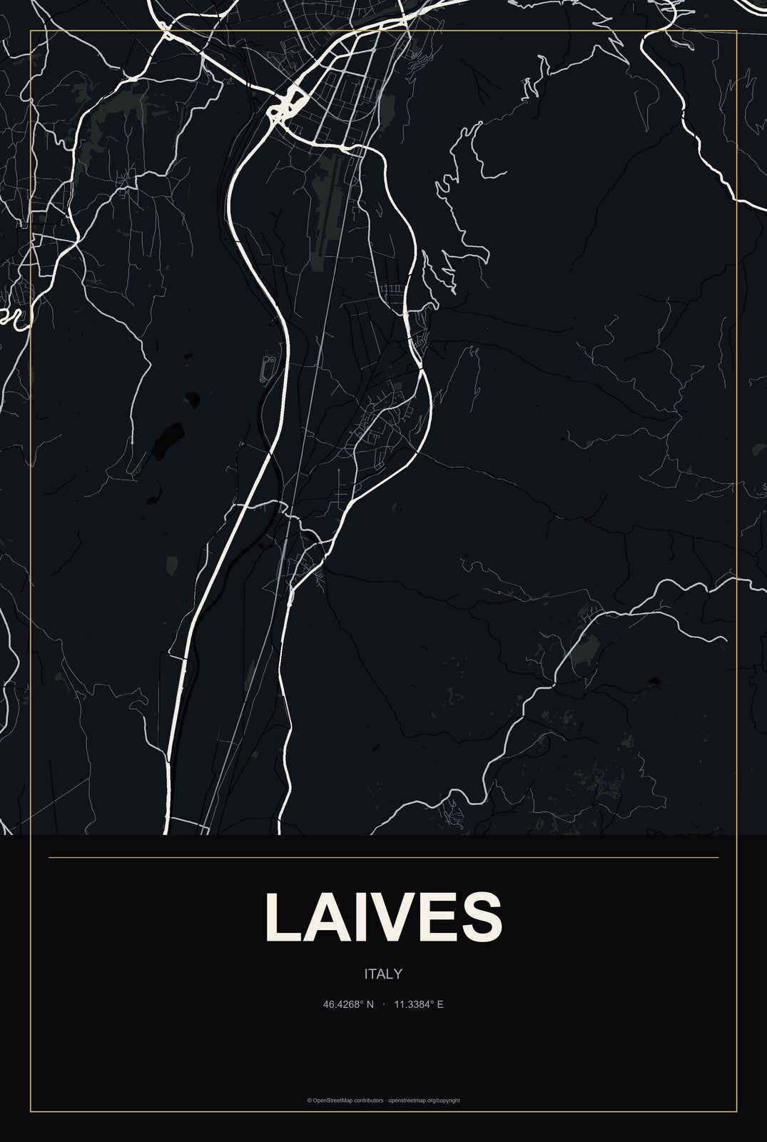 Laives, Italy City Map Aluminum Sign in Metropolitan Noir style