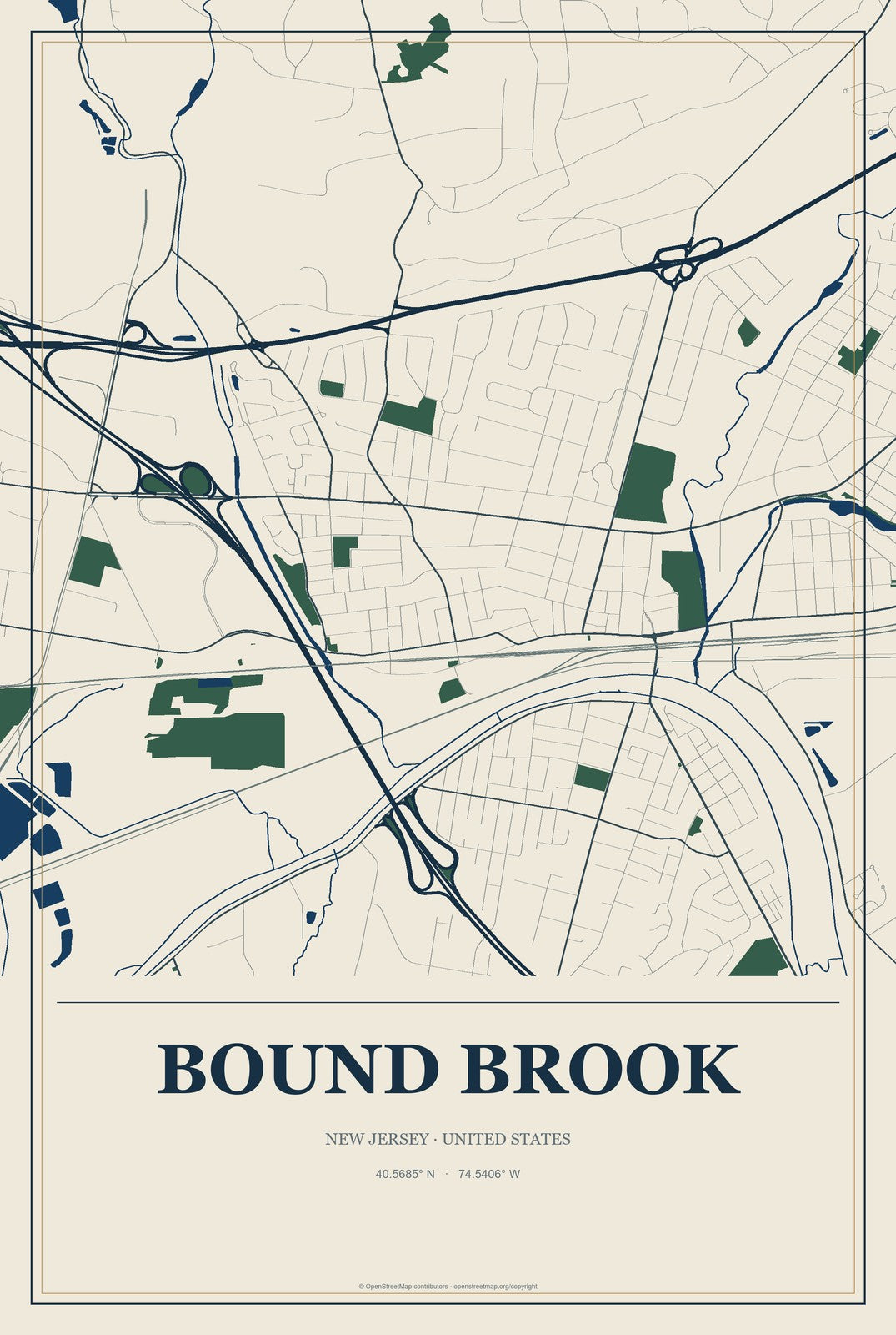 Bound Brook, New Jersey City Map Aluminum Sign in Coastal Cutout style