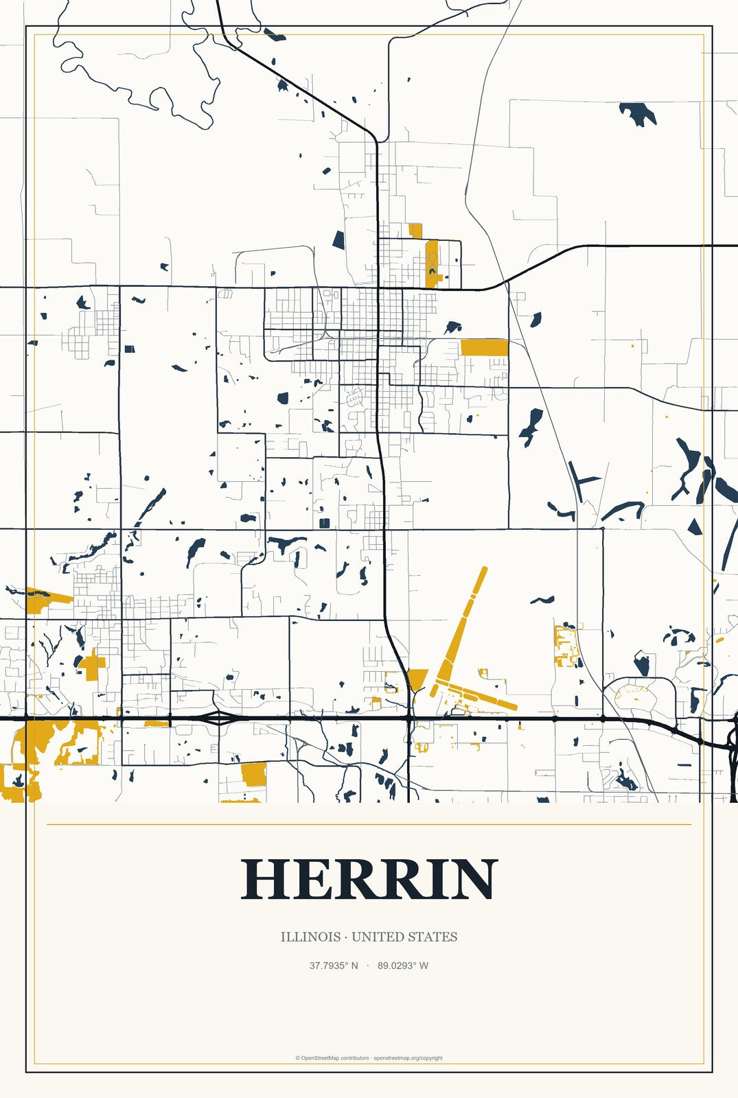 Herrin, Illinois City Map Aluminum Sign in Citrine Modern style
