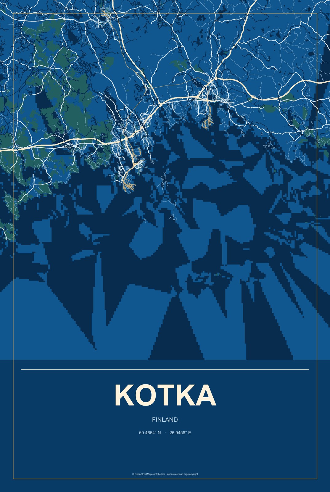 Kotka, Finland City Map Aluminum Sign in Harbor Cobalt style