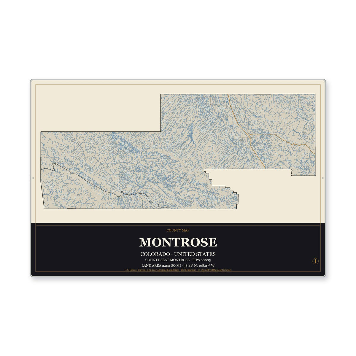 Montrose County, Colorado Map Aluminum Sign in Museum Plaque style