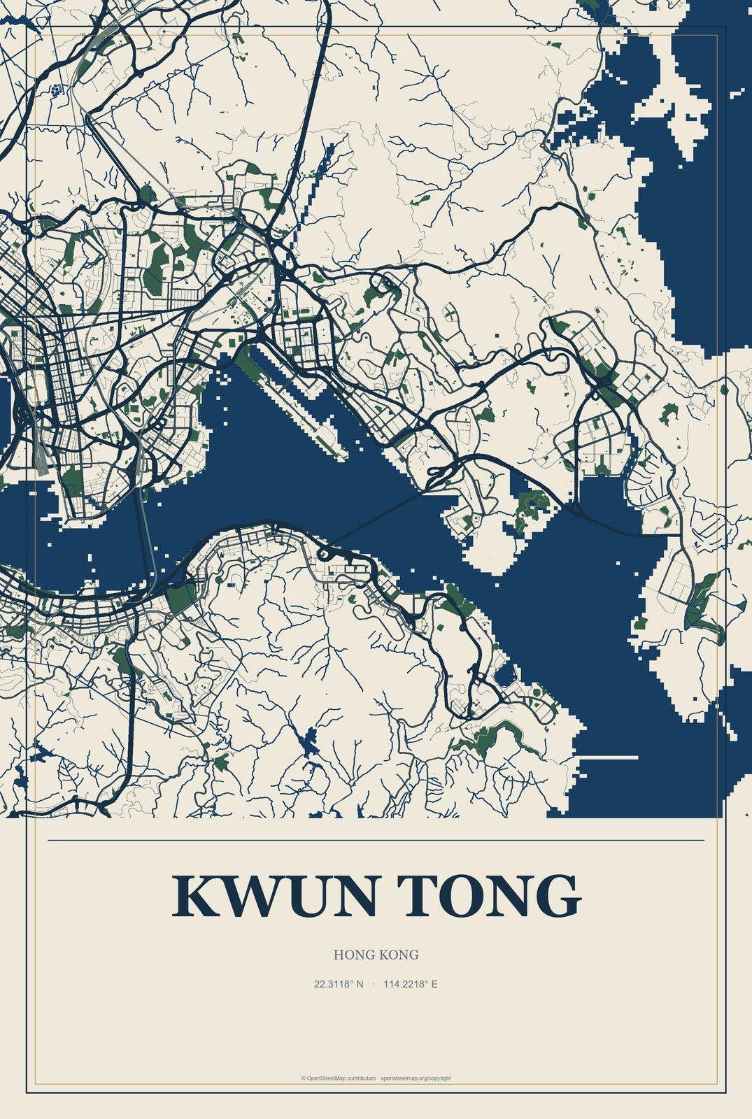 Kwun Tong, Hong Kong City Map Aluminum Sign in Coastal Cutout style