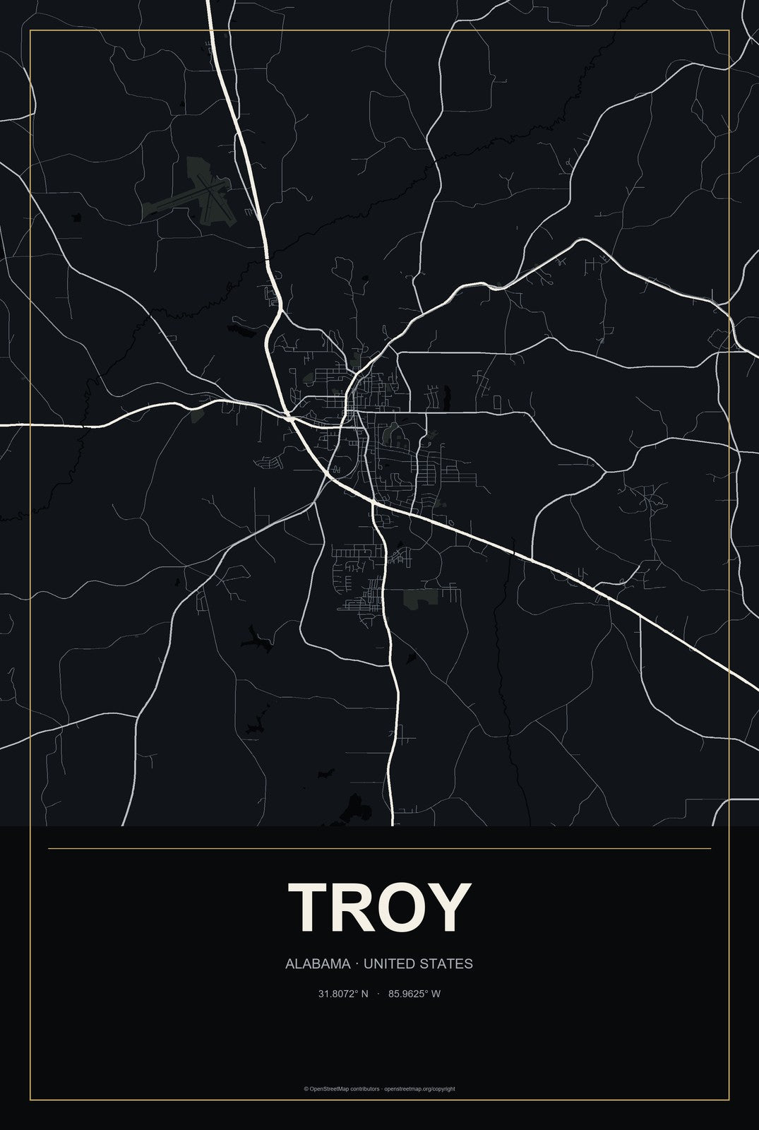 Troy, Alabama City Map Aluminum Sign in Metropolitan Noir style
