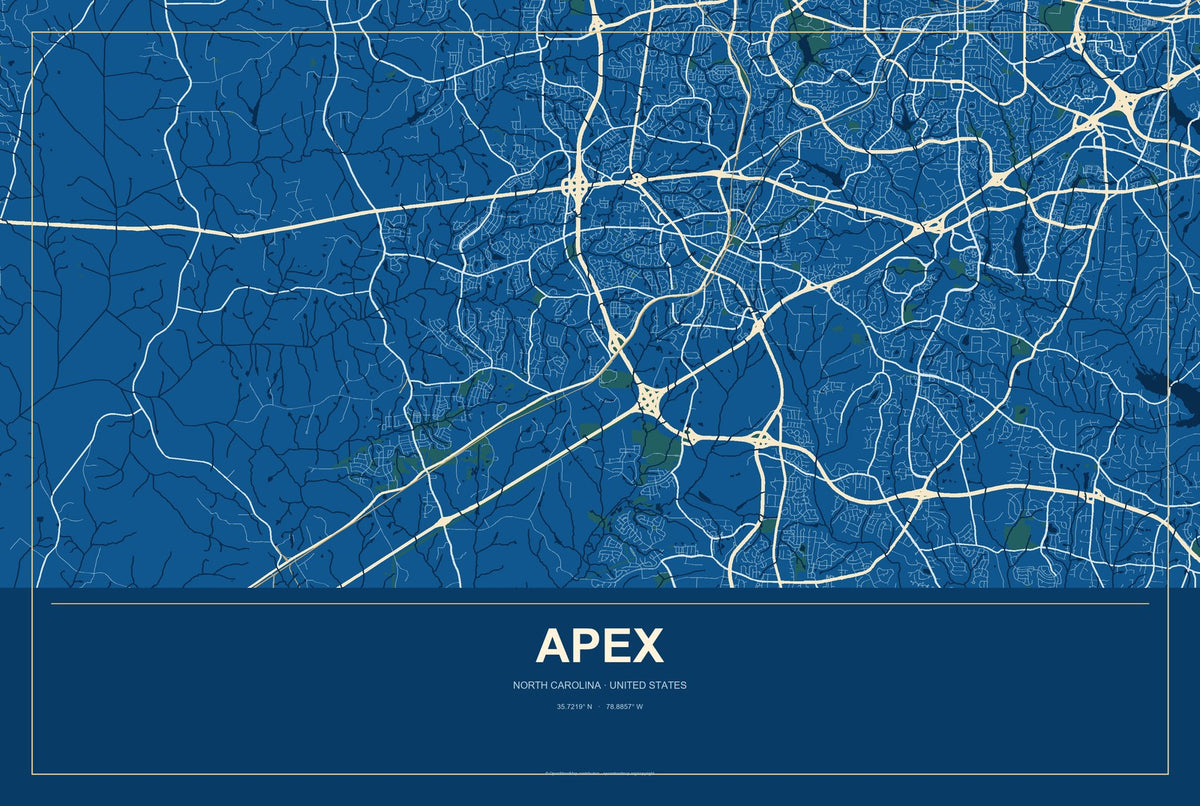 Apex, North Carolina City Map Aluminum Sign in Harbor Cobalt style