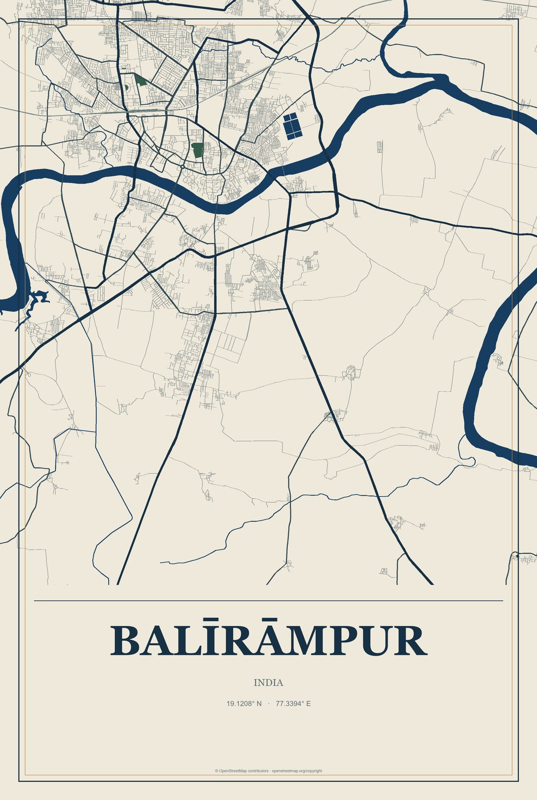 Balīrāmpur, India City Map Aluminum Sign in Coastal Cutout style