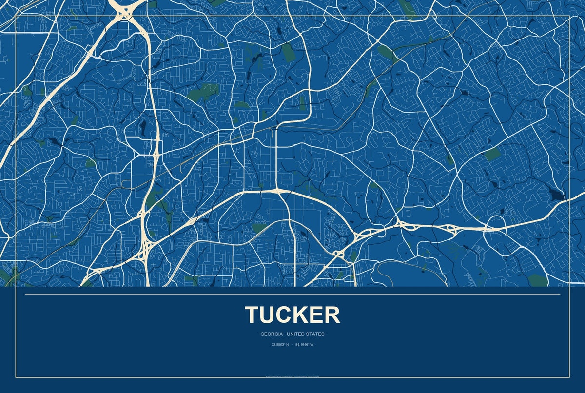 Tucker, Georgia City Map Aluminum Sign in Harbor Cobalt style