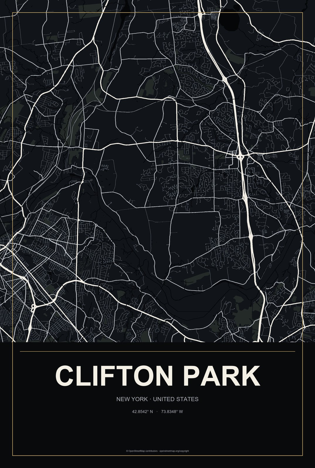 Clifton Park, New York City Map Aluminum Sign in Metropolitan Noir style