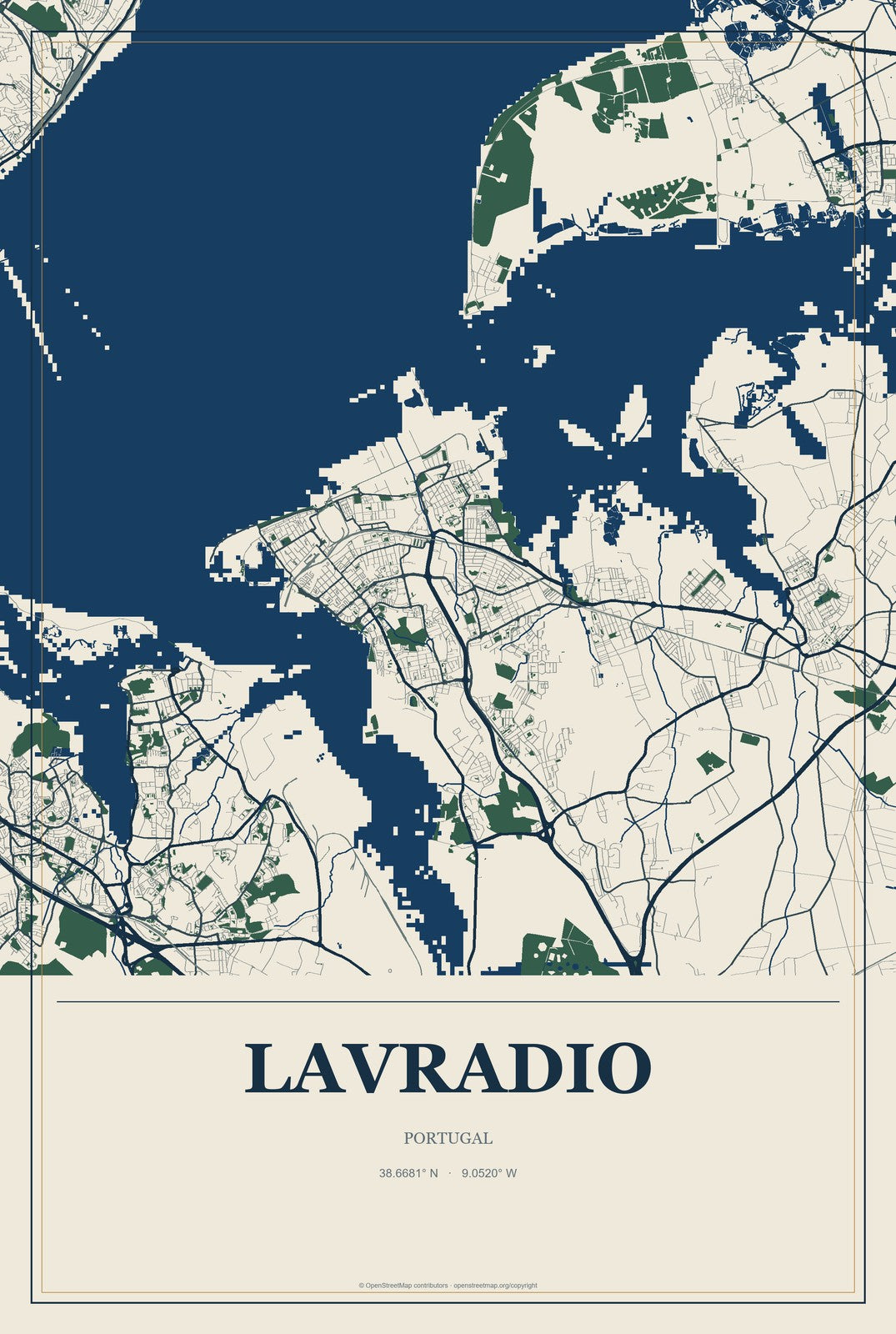 Lavradio, Portugal City Map Aluminum Sign in Coastal Cutout style