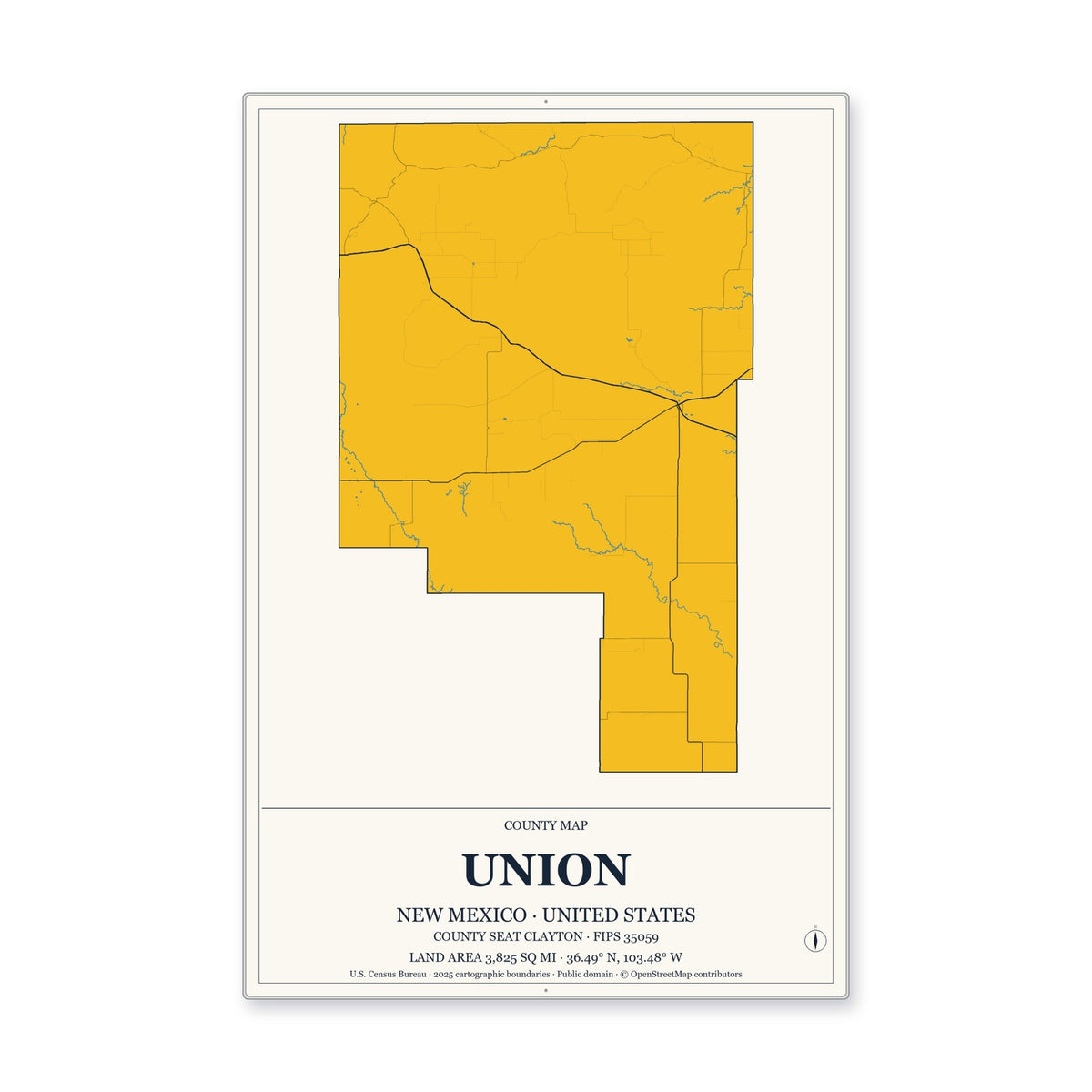 Union County, New Mexico Map Aluminum Sign in Citrine Modern style