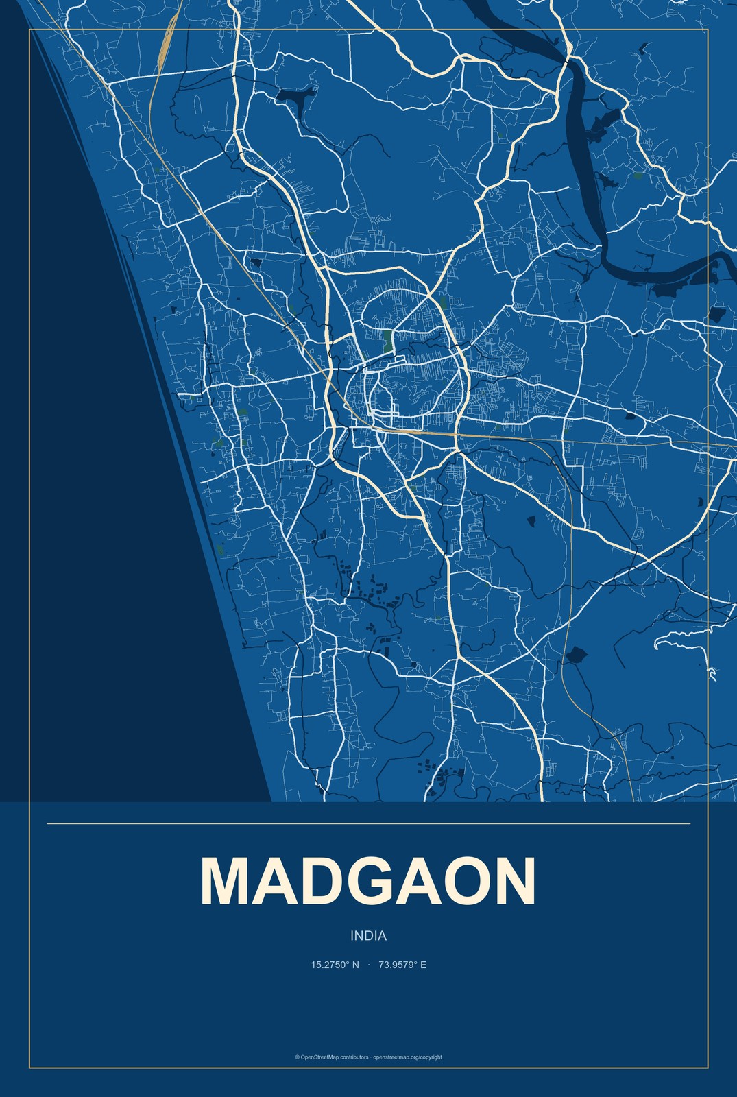 Madgaon, India City Map Aluminum Sign in Harbor Cobalt style