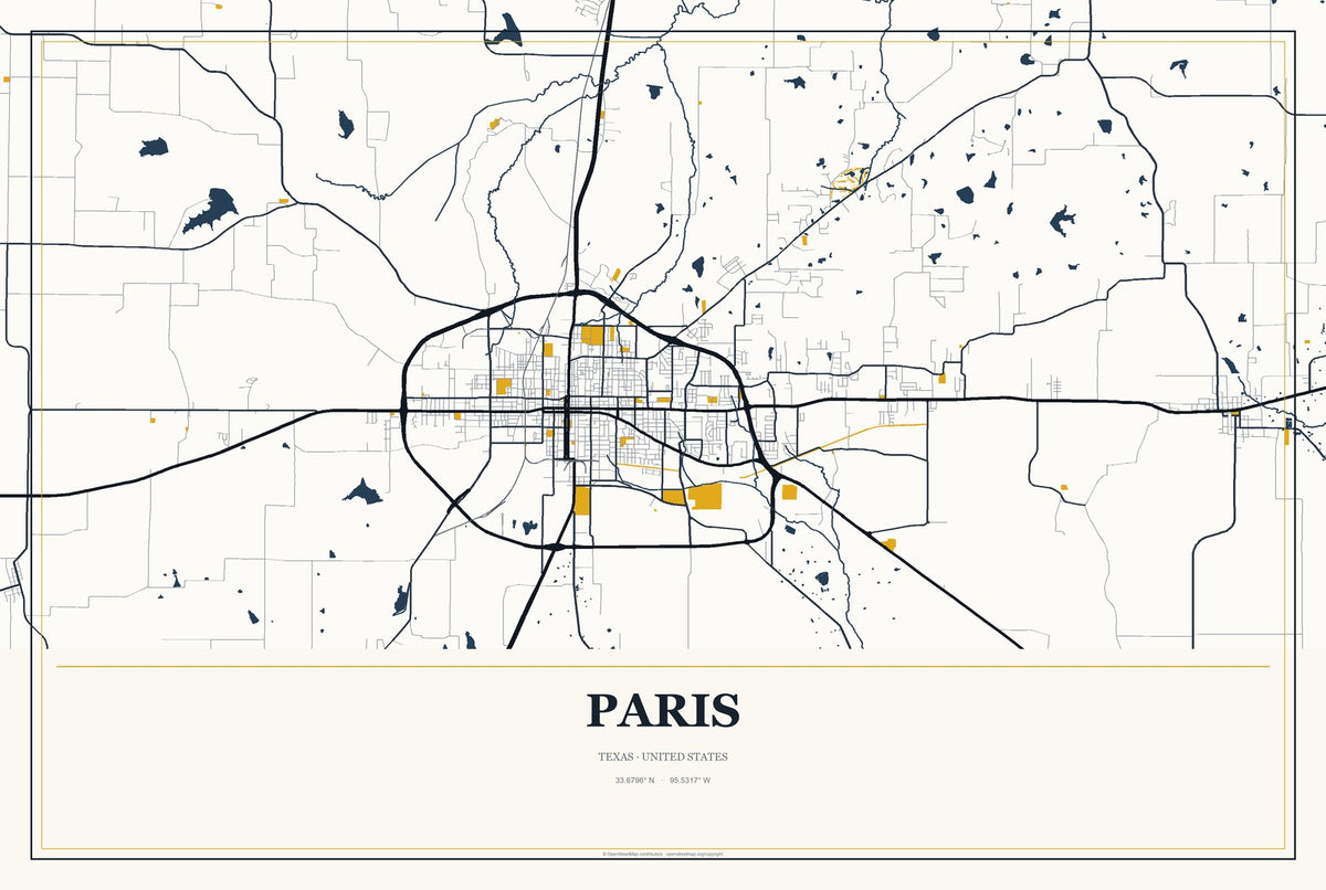 Paris, Texas City Map Aluminum Sign in Citrine Modern style