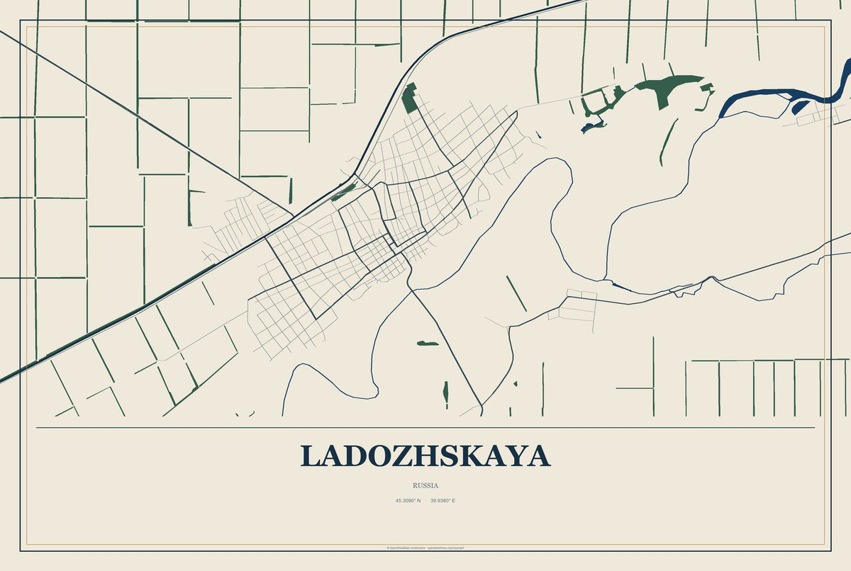 Ladozhskaya, Russia City Map Aluminum Sign in Coastal Cutout style