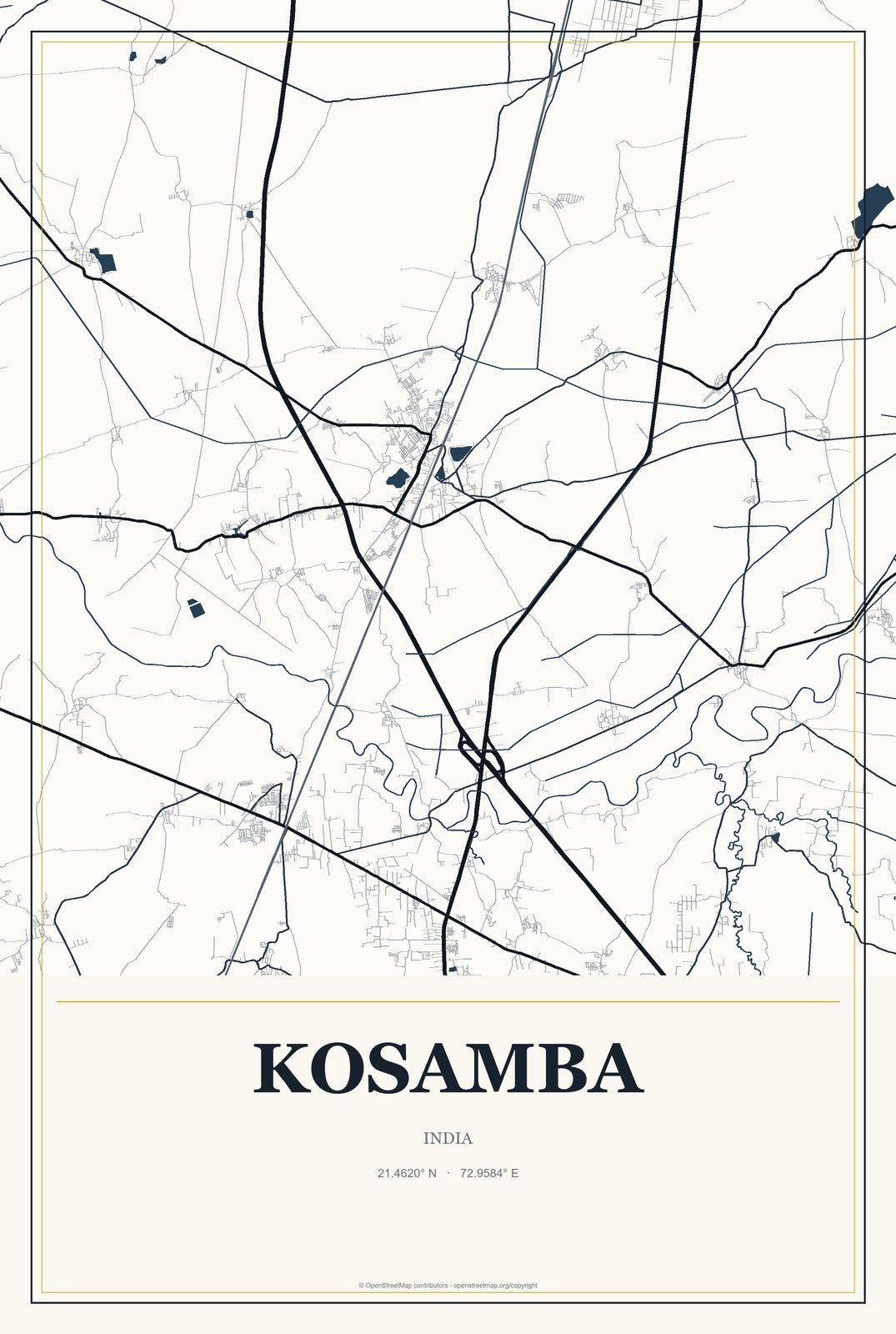 Kosamba, India City Map Aluminum Sign in Citrine Modern style