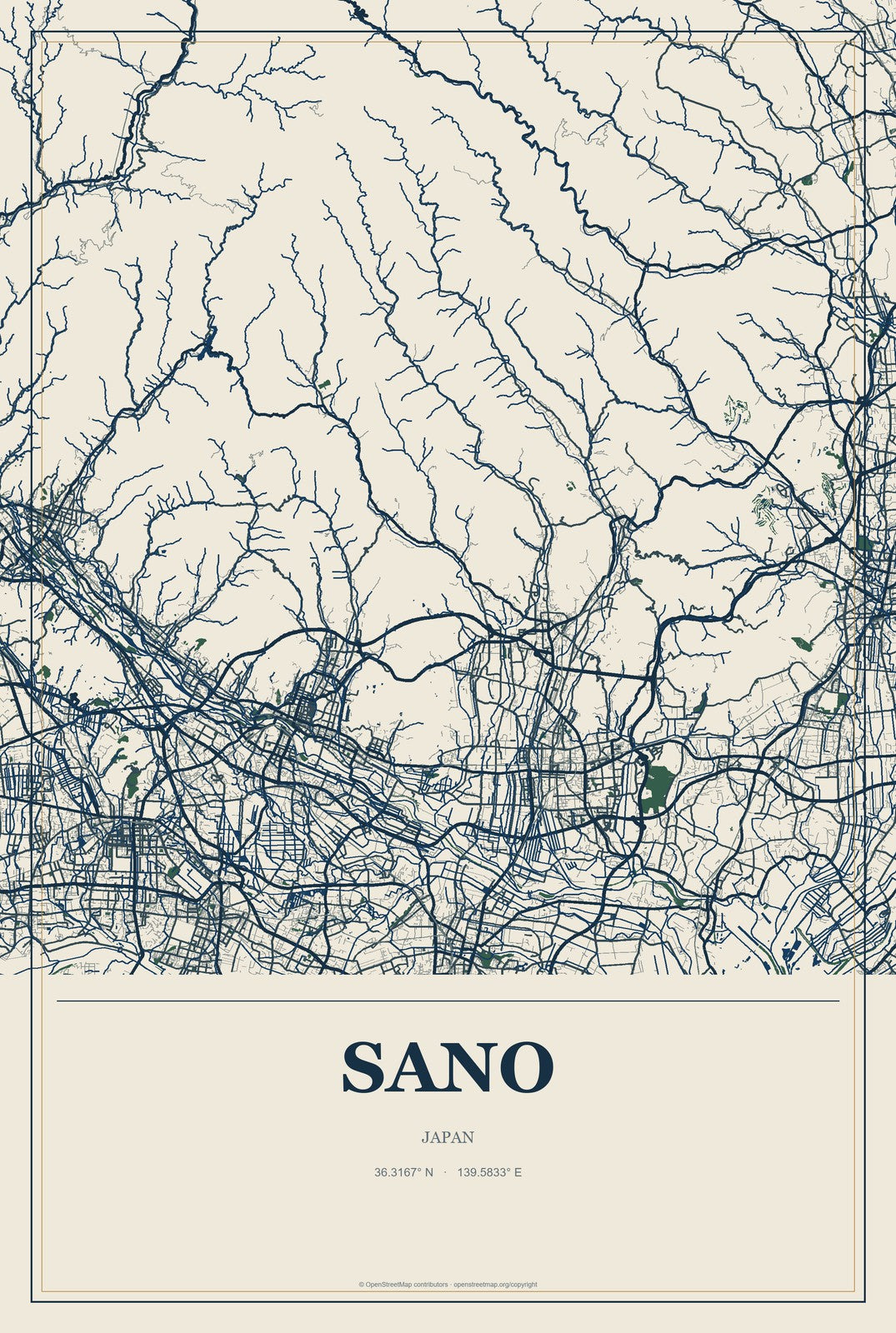 Sano, Japan City Map Aluminum Sign in Coastal Cutout style