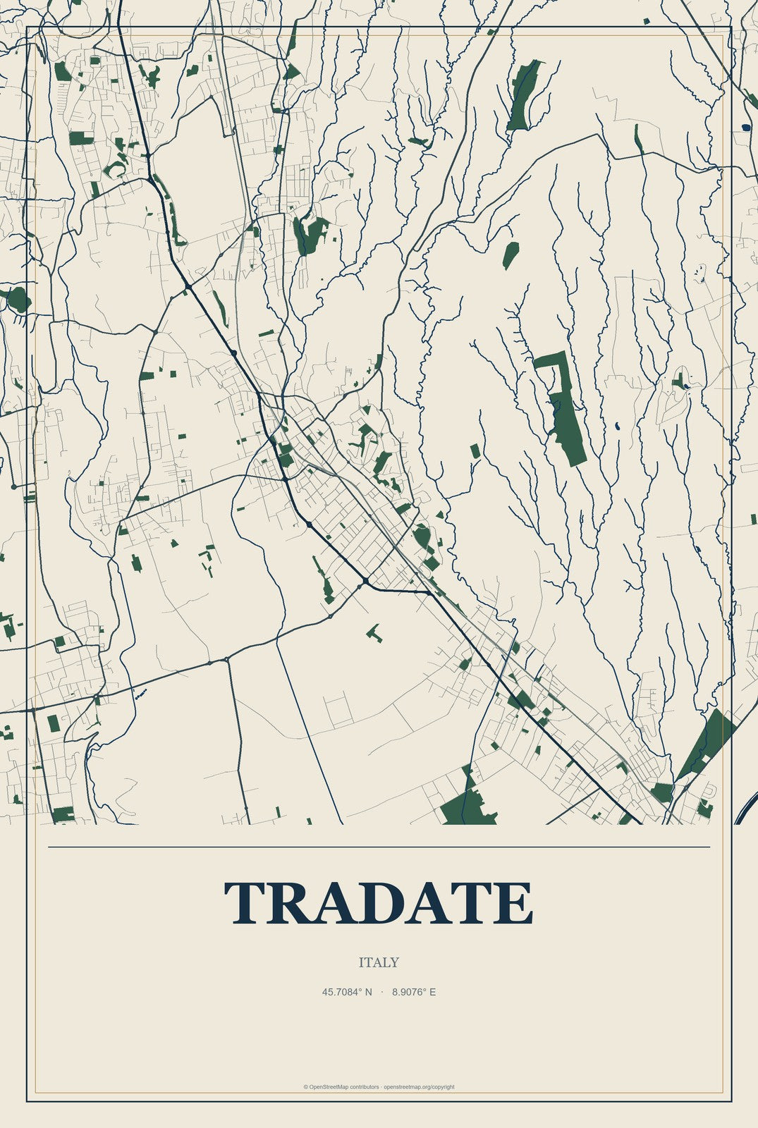 Tradate, Italy City Map Aluminum Sign in Coastal Cutout style