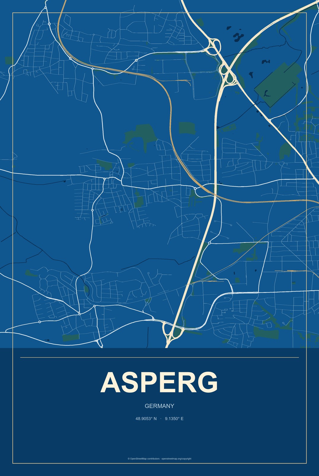 Asperg, Germany City Map Aluminum Sign in Harbor Cobalt style