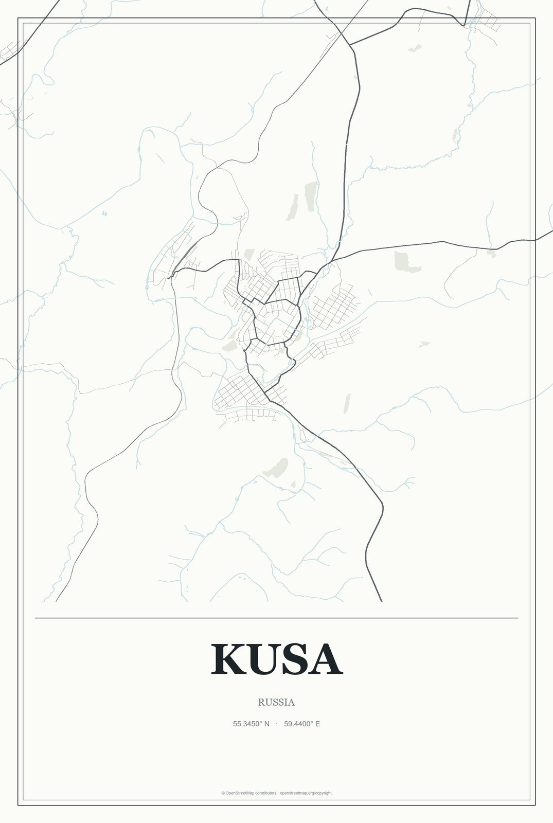 Kusa, Russia City Map Aluminum Sign in Gallery Air style