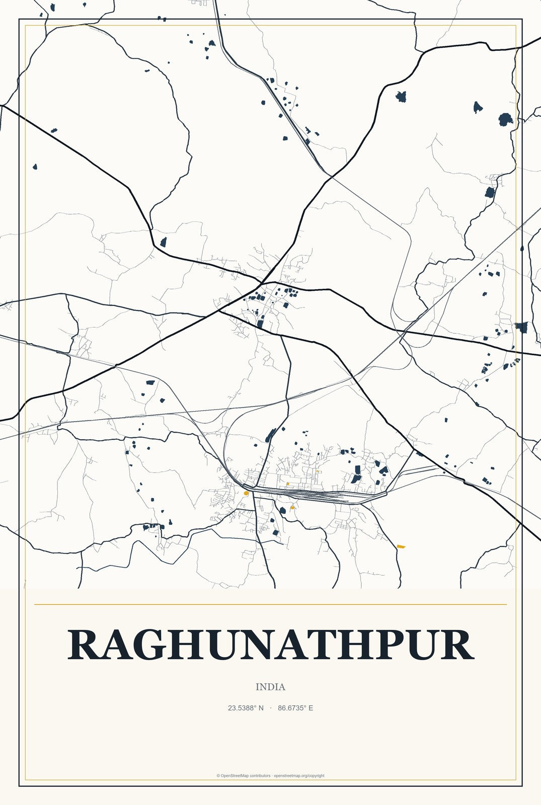 Raghunathpur, India City Map Aluminum Sign in Citrine Modern style