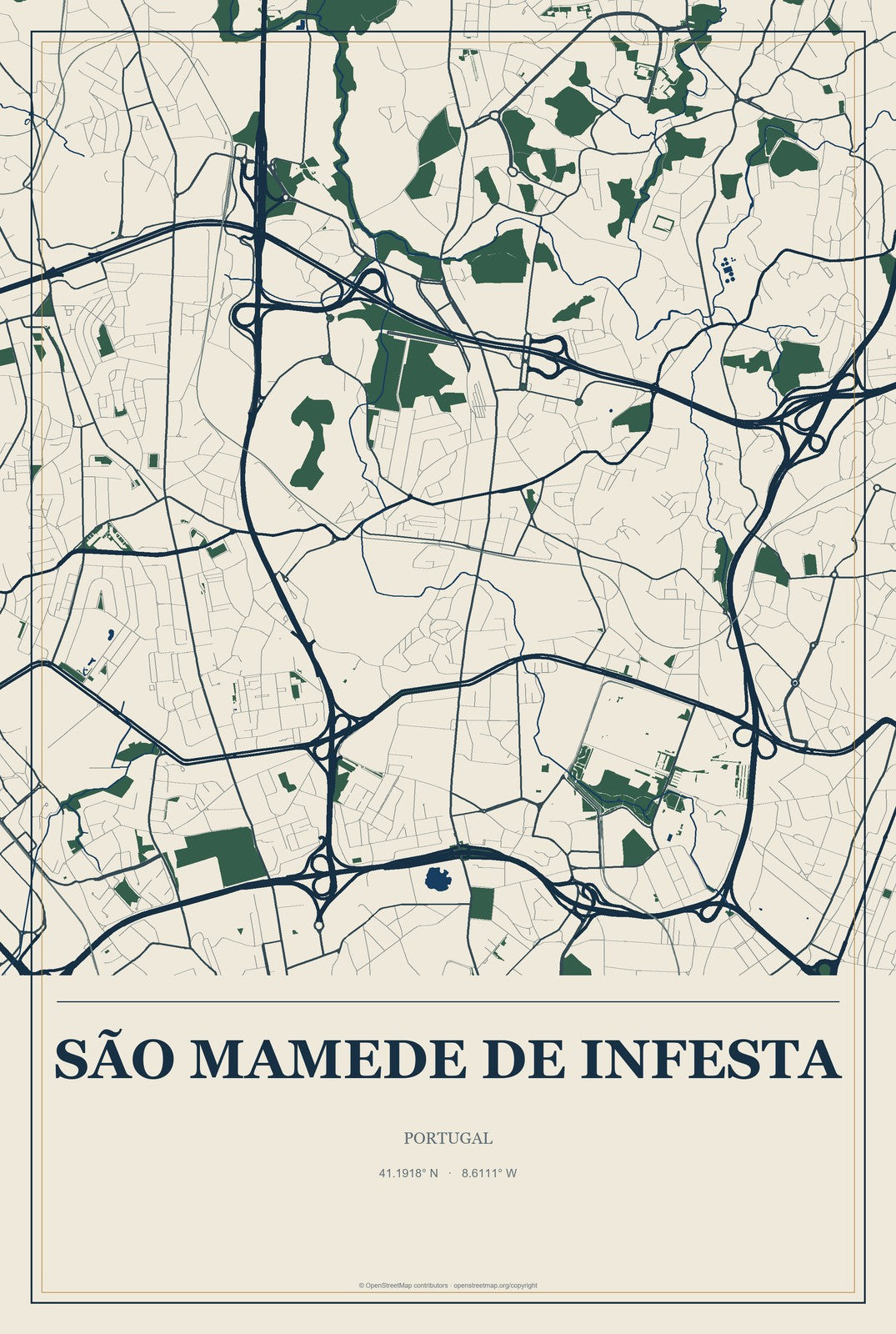 São Mamede de Infesta, Portugal City Map Aluminum Sign in Coastal Cutout style