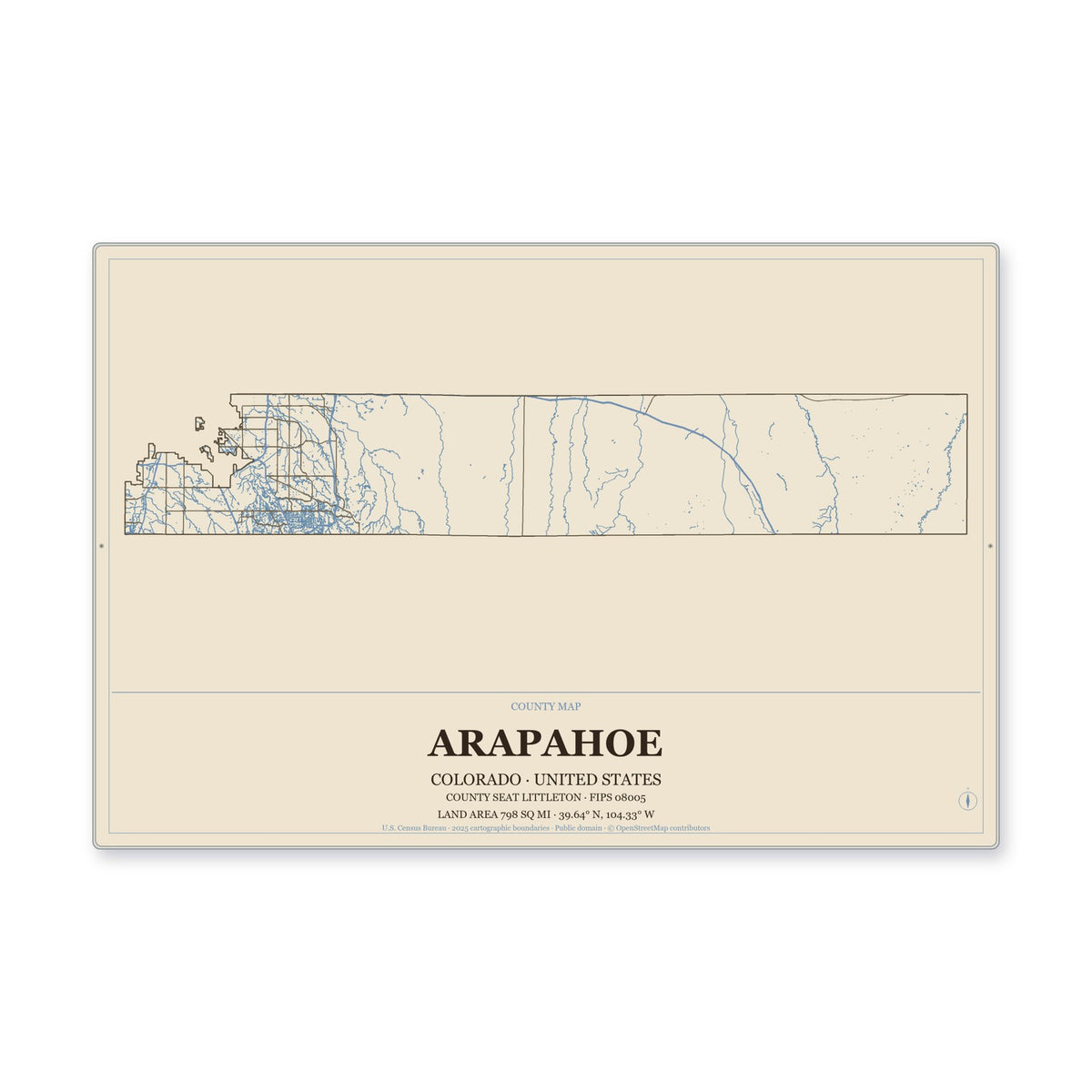 Arapahoe County, Colorado Map Aluminum Sign in Heritage Nautical style