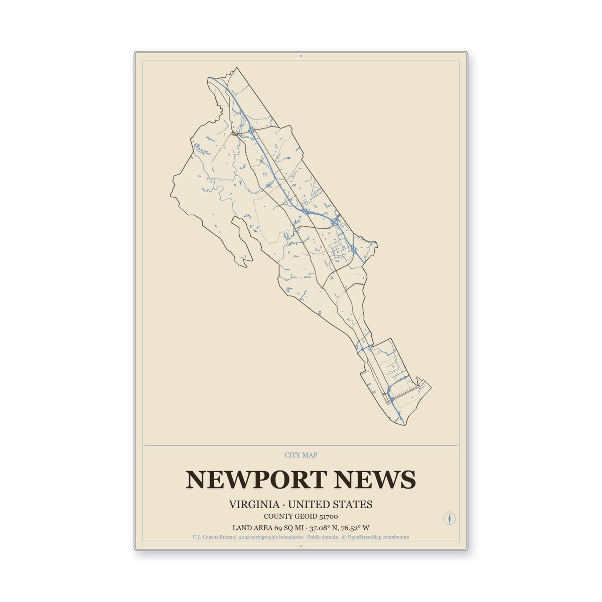 Newport News city, Virginia Map Aluminum Sign in Heritage Nautical style