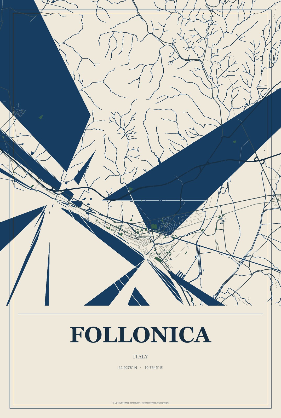 Follonica, Italy City Map Aluminum Sign in Coastal Cutout style